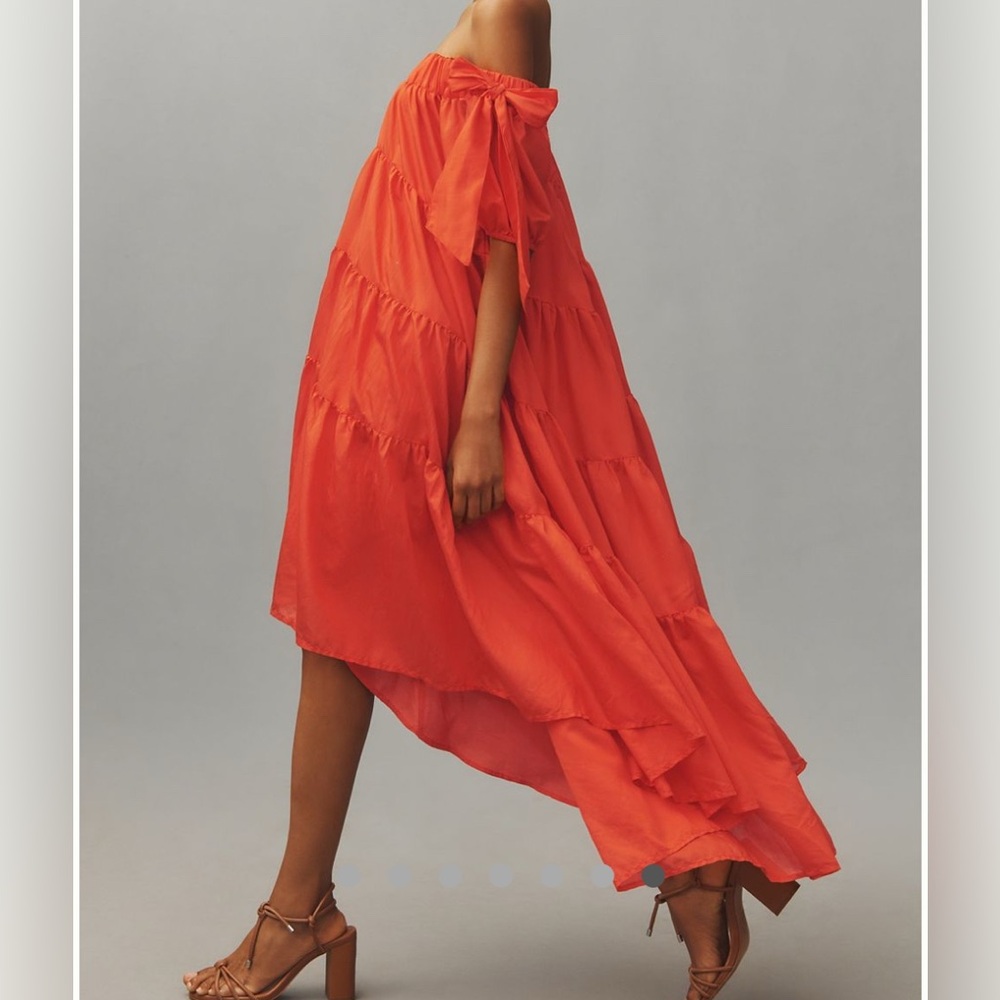 Anthropologie Dress Midi XS Coral Off The Shoulder Tiered High-Low NEW